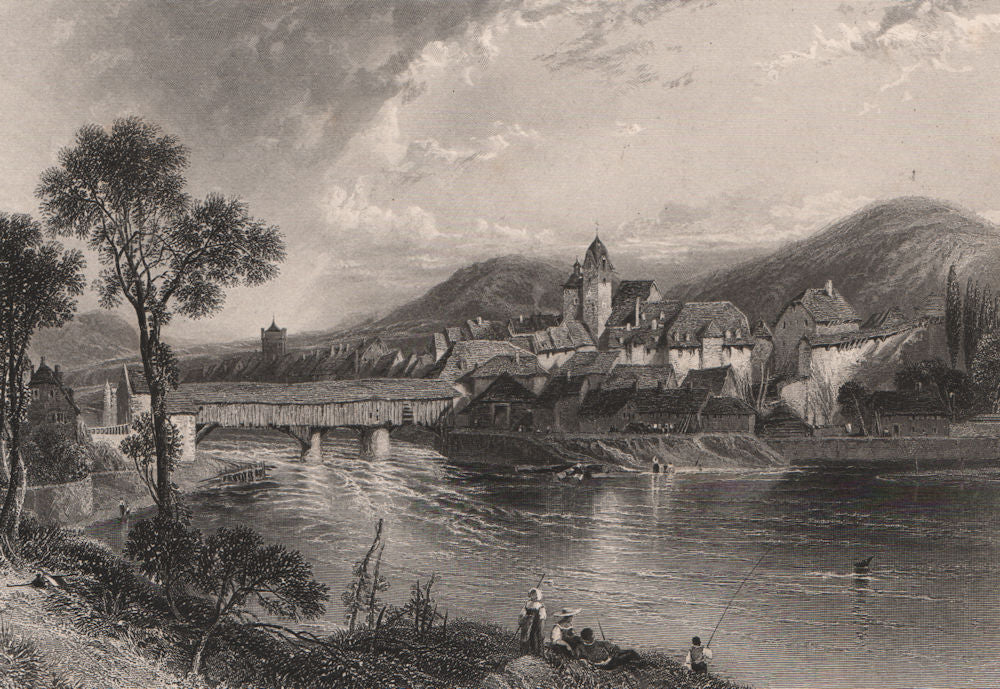 RHEINFELDEN. Attractive steel engraving. Switzerland. Rhine Valley. Fishing 1875